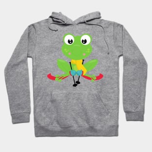 Winter Frog, Cute Frog, Green Frog, Skis, Skiing Hoodie